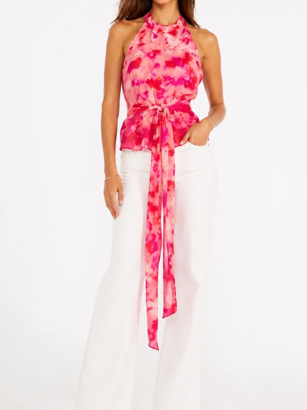 Trina Turk Blaze Top Pink Tie Dye 100% Silk Halter Front Tie NWT Size S $288